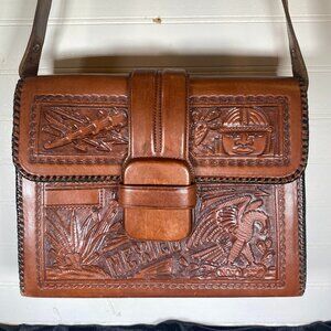 Vintage  Medium, Cognac Brown Hand Tooled, Mexican Leather Purse,  Gorgeous,